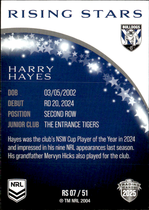 Harry Hayes Bulldogs Rising Stars 2025 NRL Traders Trading Card RS 07/51