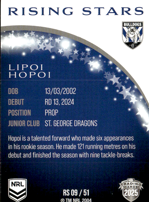 Lipoi Hopoi Bulldogs Rising Stars 2025 NRL Traders Trading Card RS 09/51