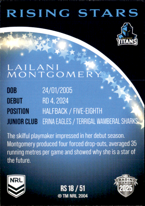 Lailani Montgomery Titans Rising Stars 2025 NRL Traders Trading Card RS 18/51