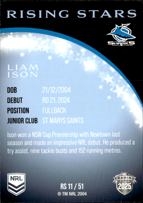 Liam Ison Sharks Rising Stars 2025 NRL Traders Trading Card RS 11/51