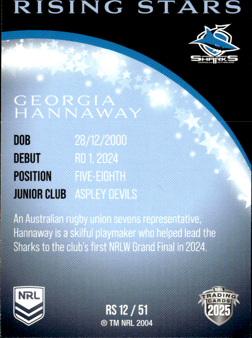 Georgia Hannaway Sharks Rising Stars 2025 NRL Traders Trading Card RS 12/51