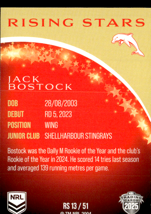 Jack Bostock Dolphins Rising Stars 2025 NRL Traders Trading Card RS 13/51