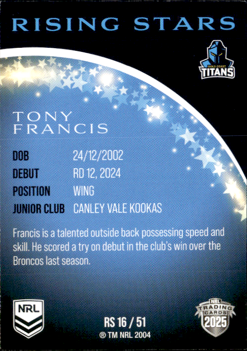 Tony Francis Titans Rising Stars 2025 NRL Traders Trading Card RS 16/51