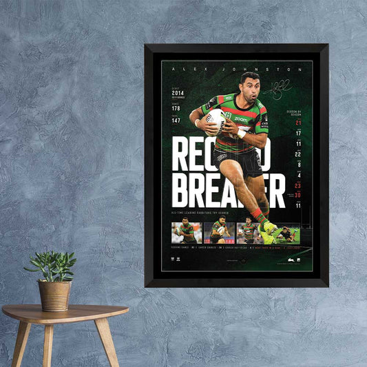 South Sydney Rabbitohs Alex Johnston Record Breakers Signed Framed