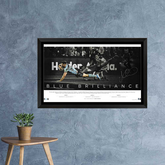 New South Wales Blues State Of Origin Blue Brilliance Icon Print Signed By James Tedesco Framed