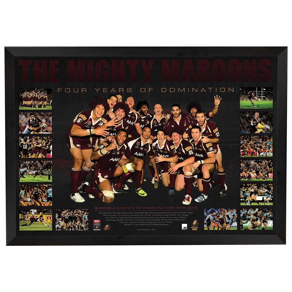 Queensland Maroons State Of Origin The Mighty 4 In A Row Print Framed