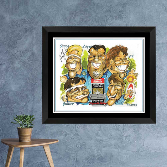 New South Wales Blues State Of Origin Legends Relay Caricature Print Triple Signed Framed