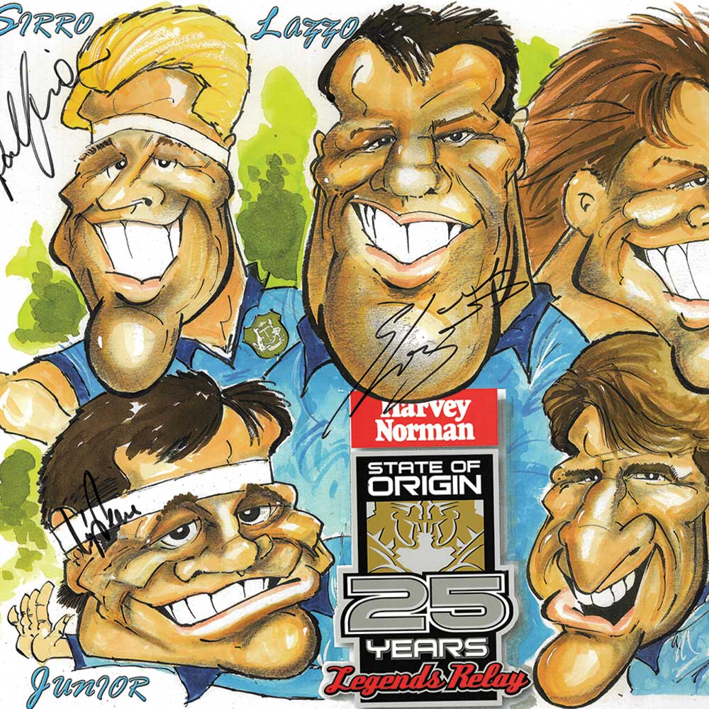 New South Wales Blues State Of Origin Legends Relay Caricature Print Triple Signed Framed