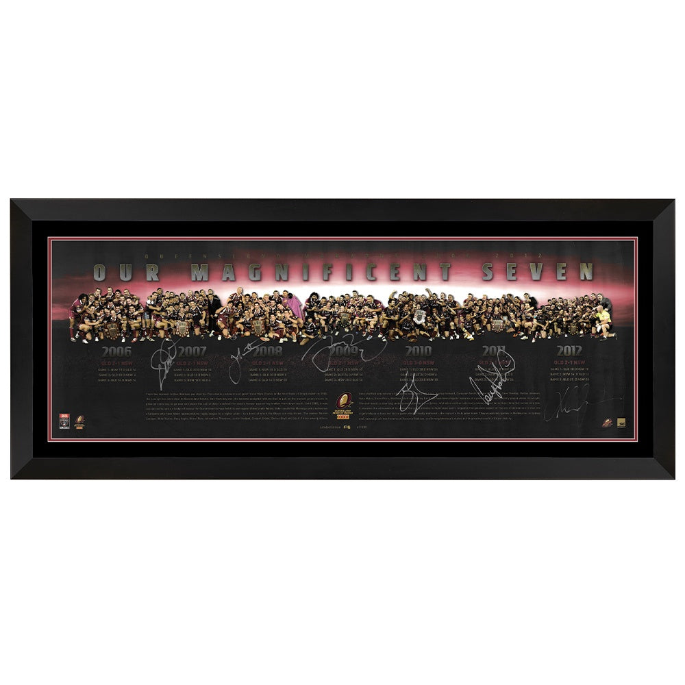 Queensland Maroons State Of Origin Our Magnificent Seven Panorama Multi Signed Print Framed