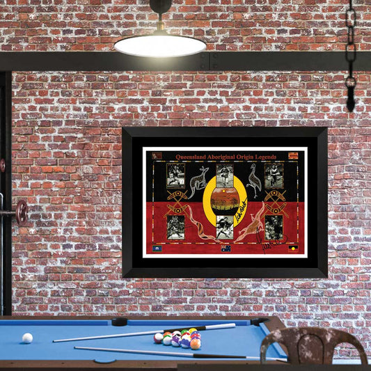 Queensland Maroons State Of Origin Aboriginal Greats Multi Signed Print Framed