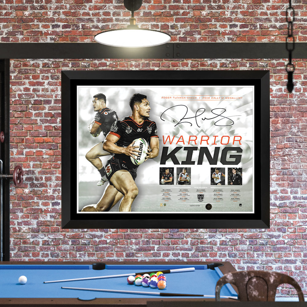 New Zealand Warriors Roger Tuivasa Shek Signed Dally M Print Frame