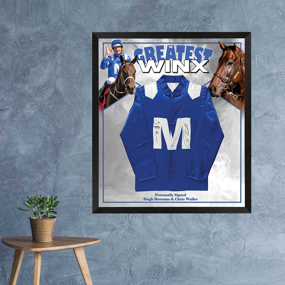 Winx Signed Framed Racing Silk – Hugh Bowman & Chris Waller