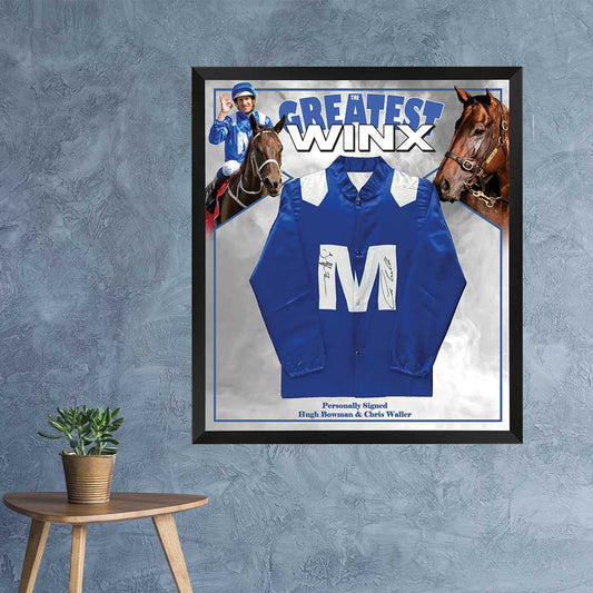 Winx Signed Framed Racing Silk – Hugh Bowman & Chris Waller