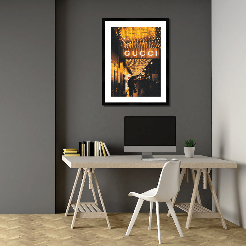 Gucci At Night Art Print White Framed