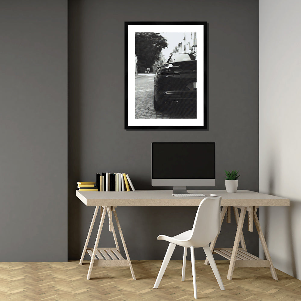 Mono Porsche Print White Framed