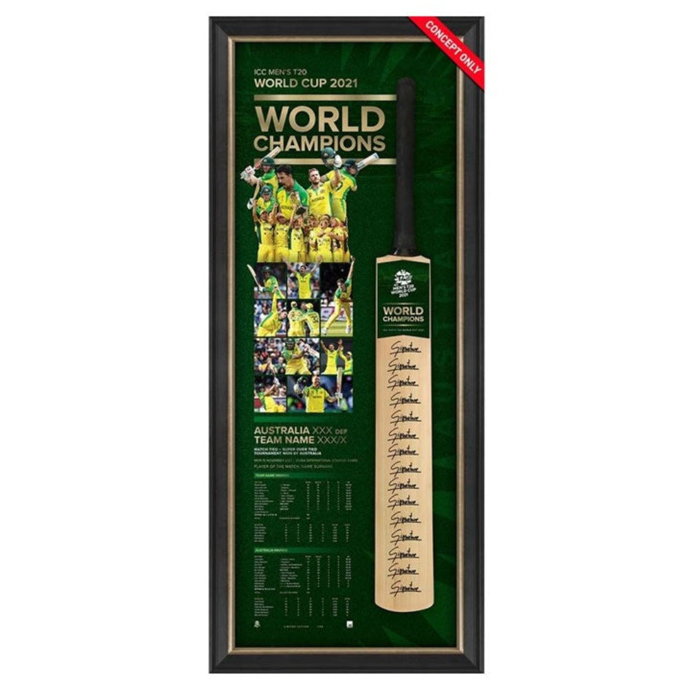 AUSTRALIA ICC T20 WORLD CUP CHAMPIONS SQUAD SIGNED BAT DISPLAY