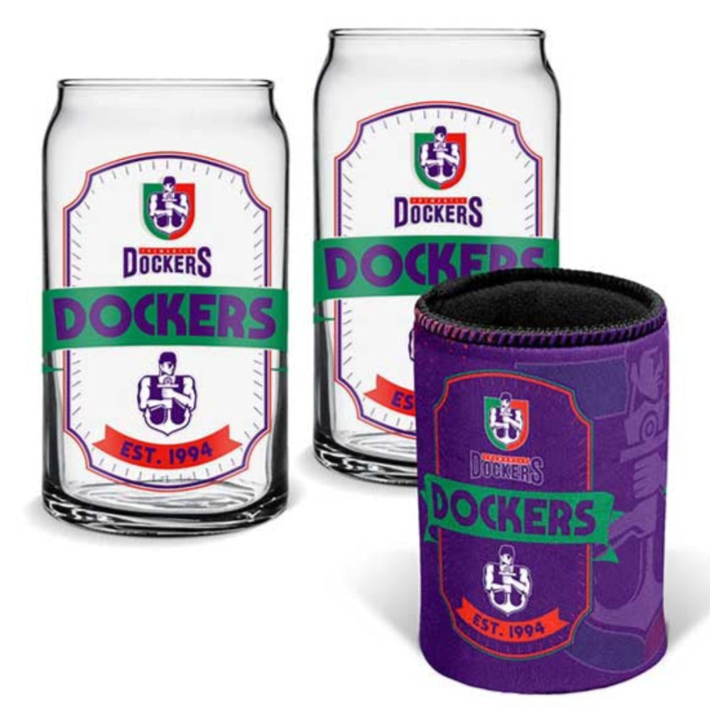 Fremantle Dockers Set of 2 Can Shape Glasses & Can Cooler Set