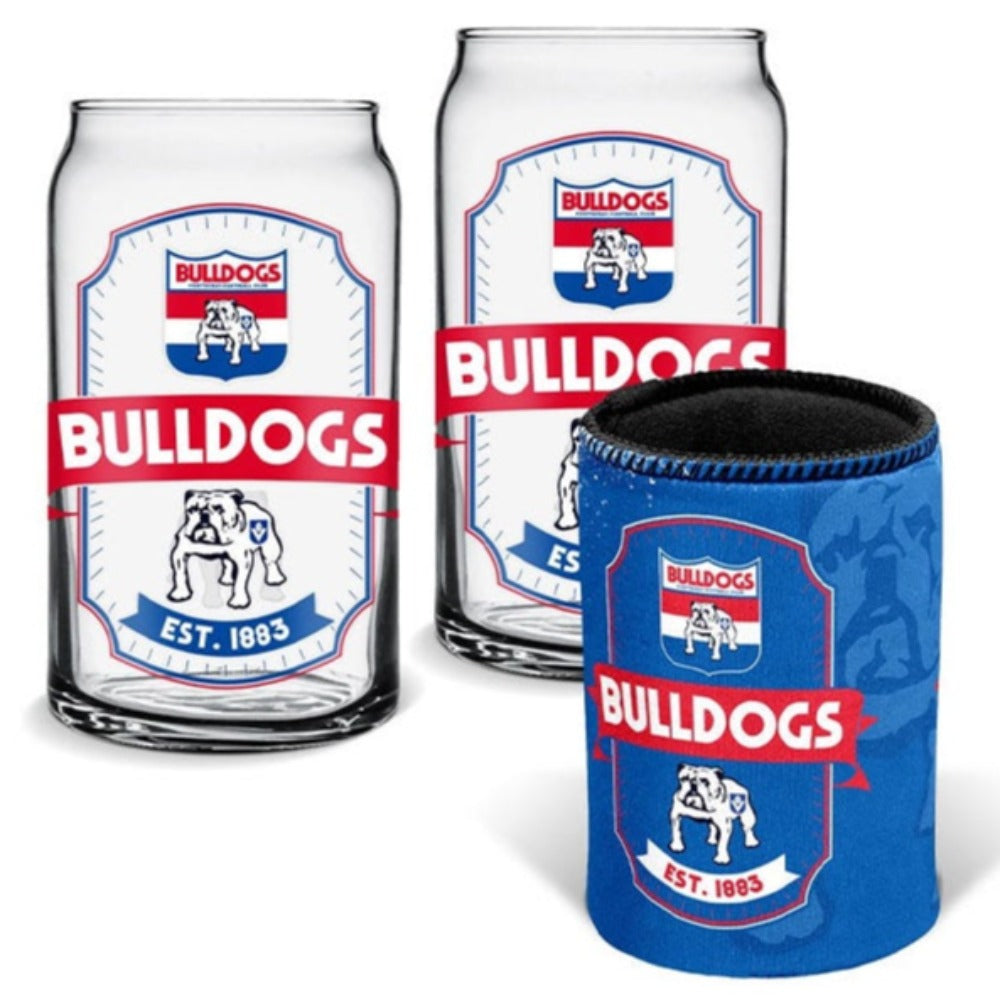 Western Bulldogs Set of 2 Can Shape Glasses & Can Cooler Set