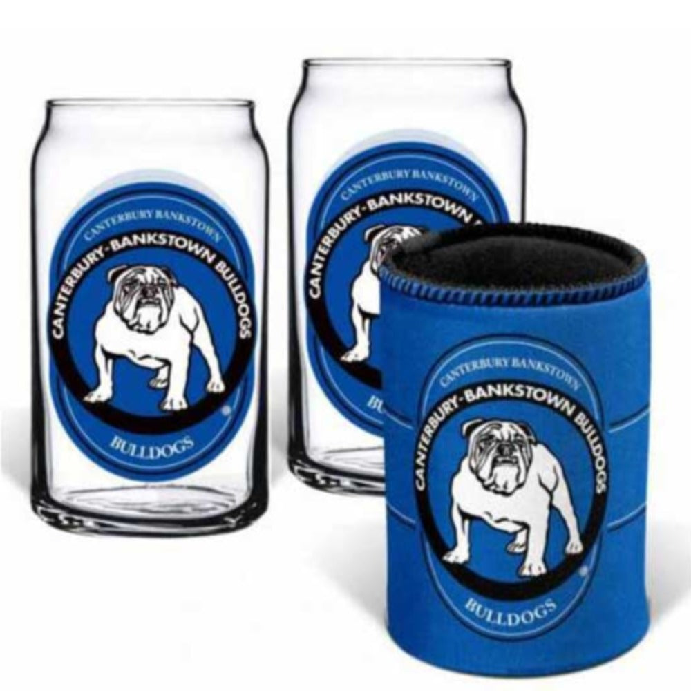 Canterbury Bulldogs Set of 2 Can Shape Glasses & Can Cooler Set