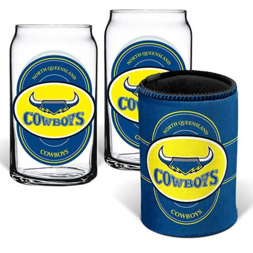 North Qld Cowboys Set of 2 Can Shape Glasses & Can Cooler Set