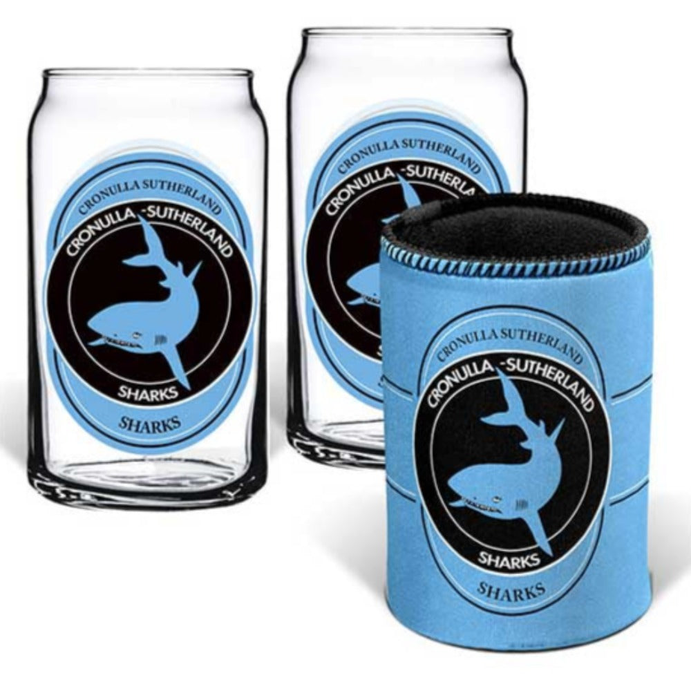 Cronulla Sharks Set of 2 Can Shape Glasses & Can Cooler Set