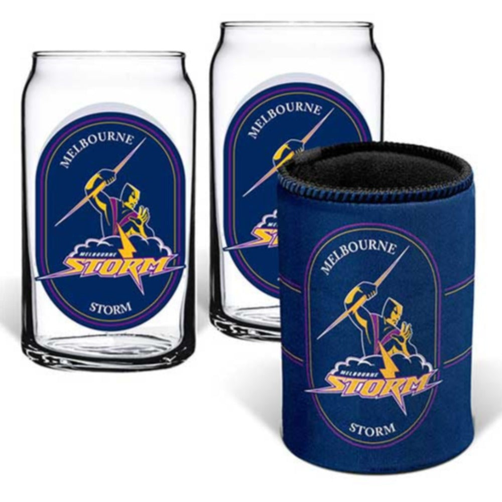 Melbourne Storm Set of 2 Can Shape Glasses & Can Cooler Set