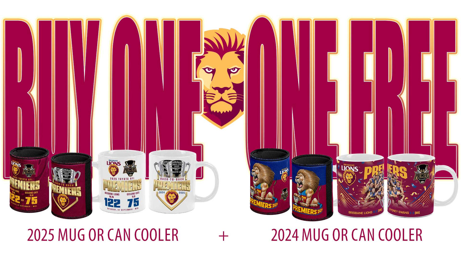Buy 1 Get 1 Free – 2025 & 2024 Lions Can Coolers & Mugs