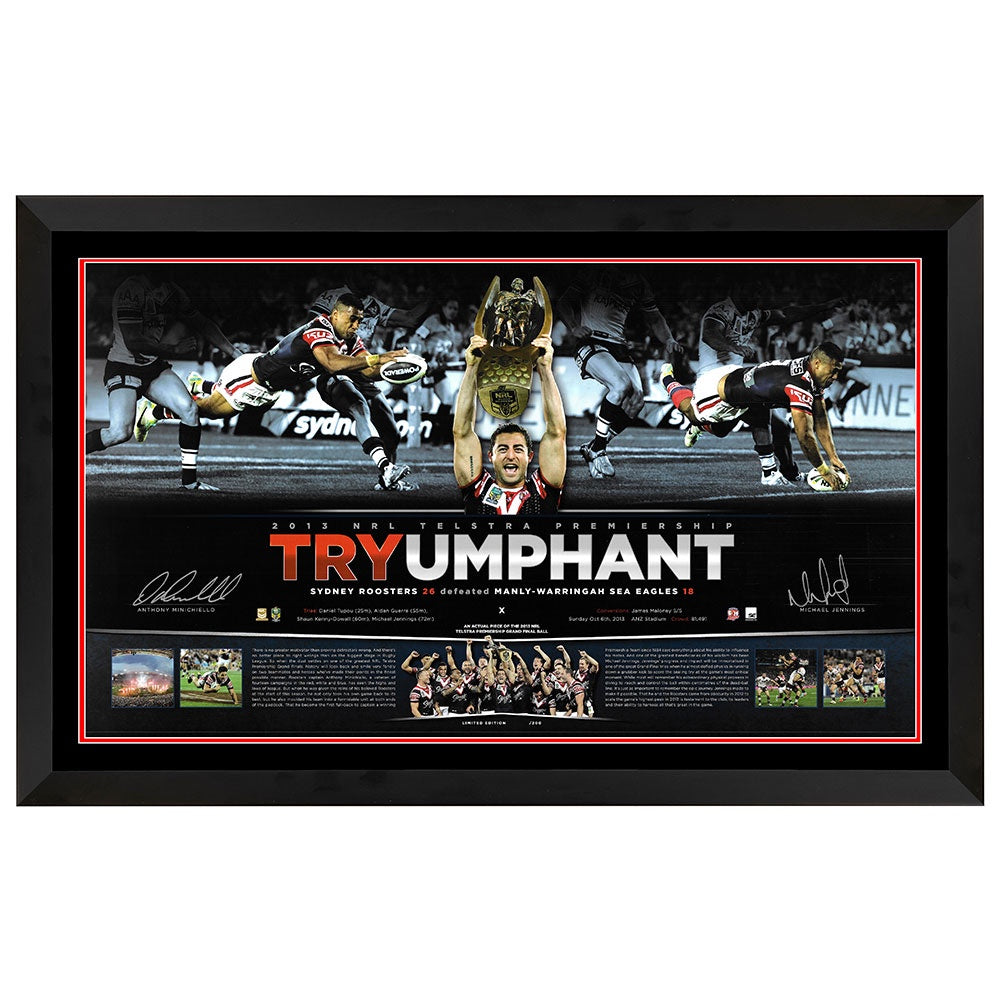 Sydney Roosters 2013 Try-umphant Signed By Michael Jennings & Anthony Minichello Print Framed