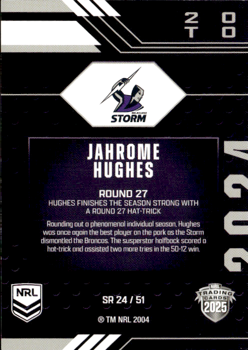 Jahrome Hughes Storm Season To Remember 2025 NRL Traders Trading Card SR 24/51