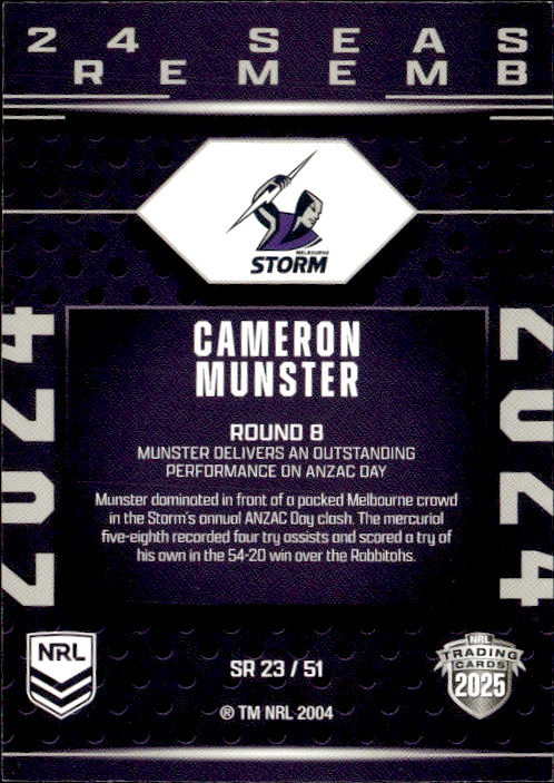 Cameron Munster Storm Season To Remember 2025 NRL Traders Trading Card SR 23/51
