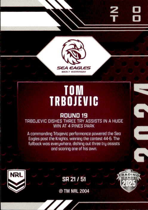 Tom Trbojevic Sea Eagles Season To Remember 2025 NRL Traders Trading Card SR 21/51