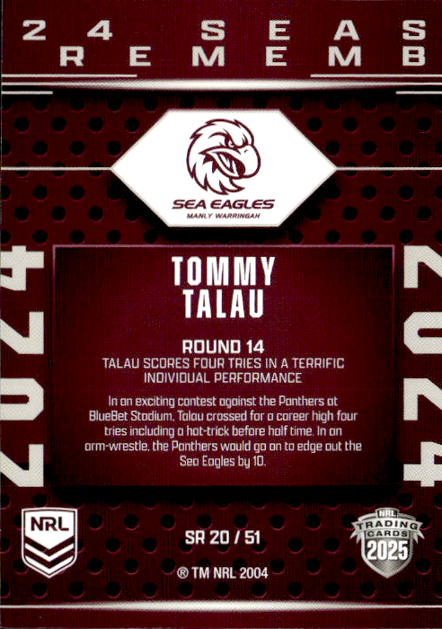 Tommy Talau Sea Eagles Season To Remember 2025 NRL Traders Trading Card SR 20/51