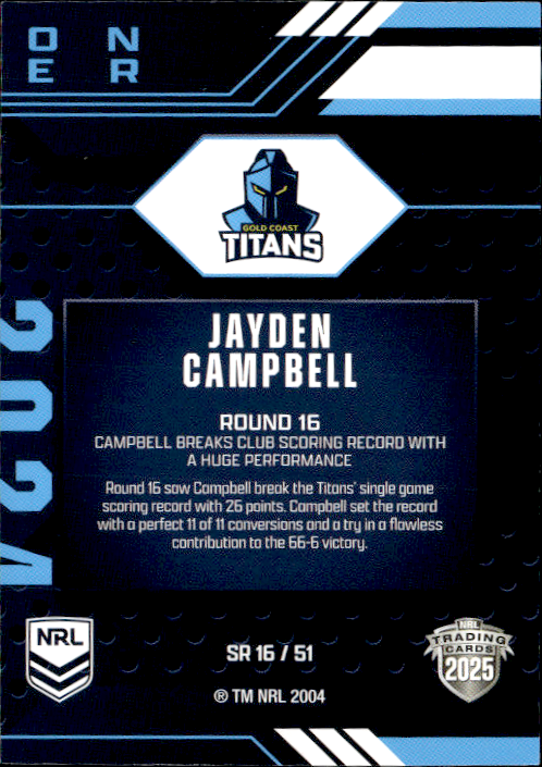 Jayden Campbell Titans Season To Remember 2025 NRL Traders Trading Card SR 16/51