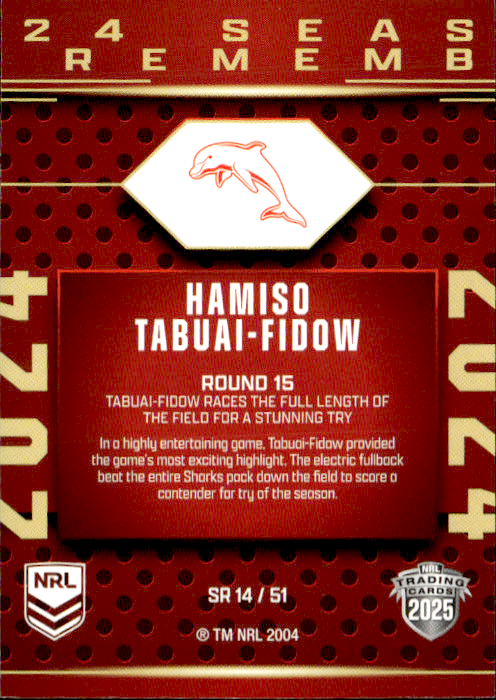 Hamiso Tabuai-Fidow Dolphins Season To Remember 2025 NRL Traders Trading Card SR 14/51