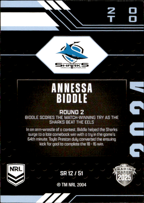 Annessa Biddle Sharks Season To Remember 2025 NRL Traders Trading Card SR 12/51