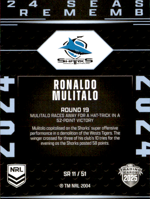 Ronaldo Mulitalo Sharks Season To Remember 2025 NRL Traders Trading Card SR 11/51