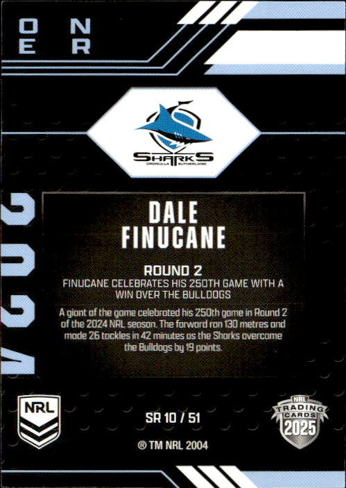 Dale Finucane Sharks Season To Remember 2025 NRL Traders Trading Card SR 10/51