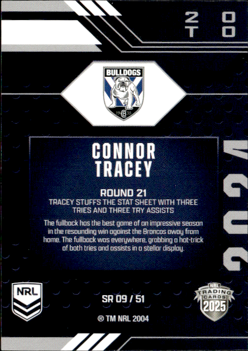 Connor Tracey Bulldogs Season To Remember 2025 NRL Traders Trading Card SR 09/51