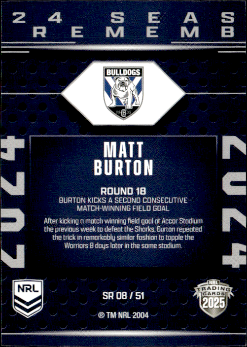 Matt Burton Bulldogs Season To Remember 2025 NRL Traders Trading Card SR 08/51