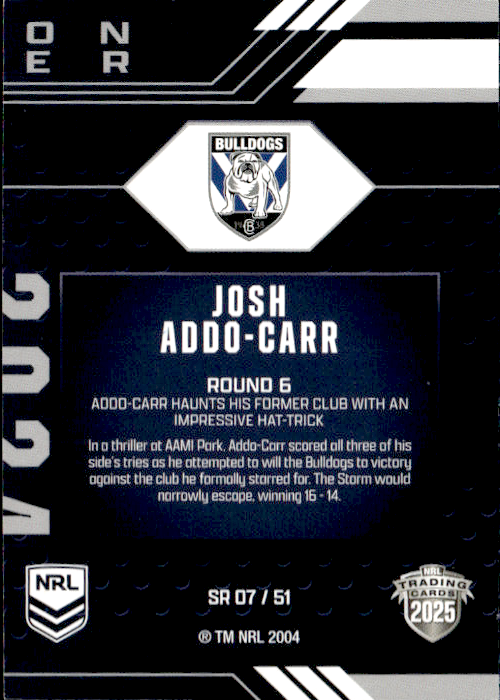 Josh Addo-Carr Bulldogs Season To Remember 2025 NRL Traders Trading Card SR 07/51