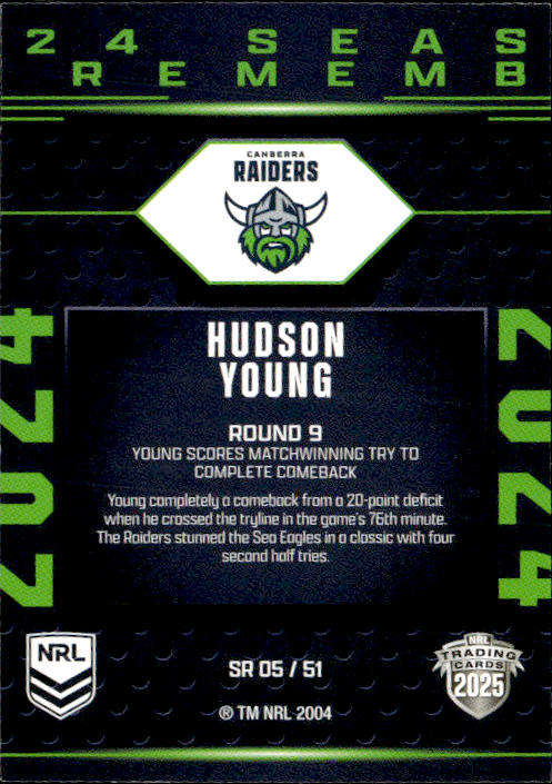 Hudson Young Raiders Season To Remember 2025 NRL Traders Trading Card SR 05/51