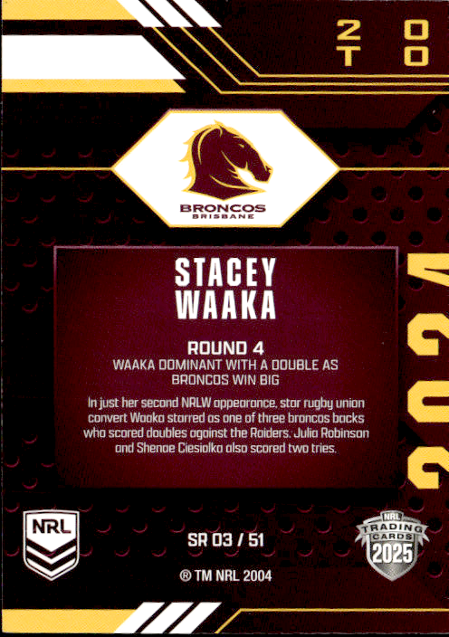 Stacey Waaka Broncos Season To Remember 2025 NRL Traders Trading Card SR 03/51