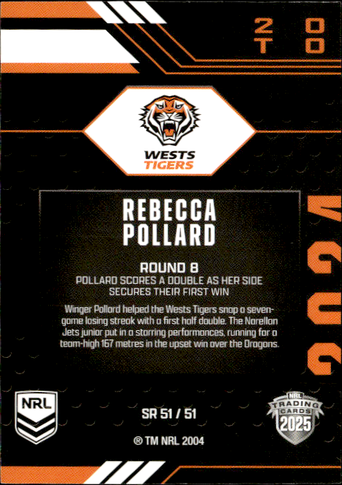 Rebecca Pollard West Tigers Season To Remember 2025 NRL Traders Trading Card SR 51/51