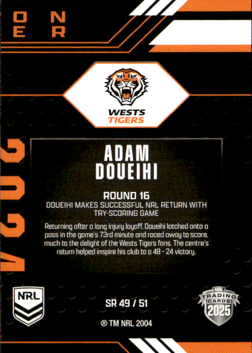 Adam Doueihi West Tigers Season To Remember 2025 NRL Traders Trading Card SR 49/51