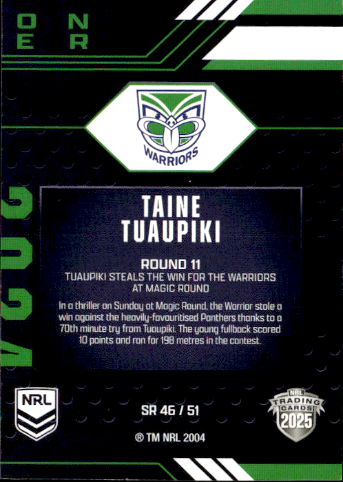 Taine Tuaupiki Warriors Season To Remember 2025 NRL Traders Trading Card SR 46/51