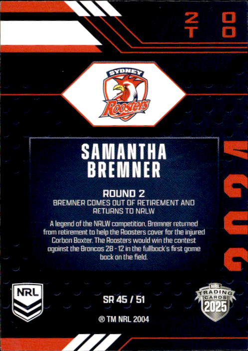 Samantha Bremner Roosters Season To Remember 2025 NRL Traders Trading Card SR 45/51
