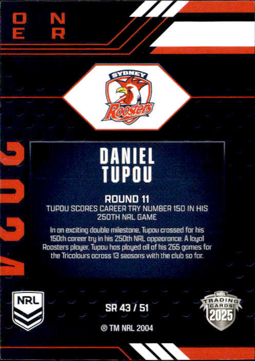 Daniel Tupou Roosters Season To Remember 2025 NRL Traders Trading Card SR 43/51