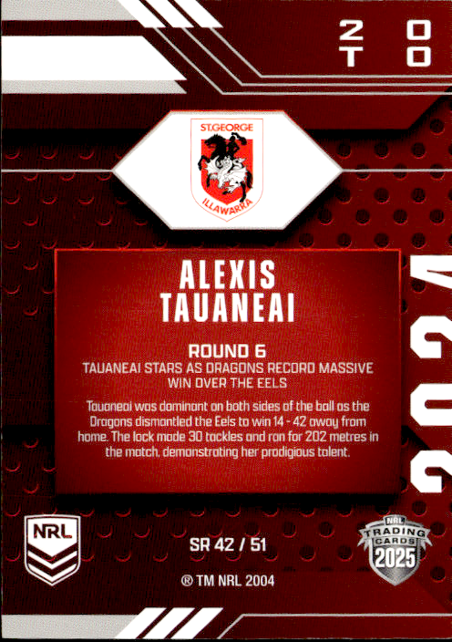 Alexis Tauaneai Dragons Season To Remember 2025 NRL Traders Trading Card SR 42/51