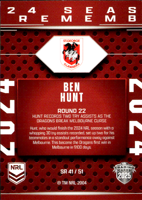 Ben Hunt Dragons Season To Remember 2025 NRL Traders Trading Card SR 41/51