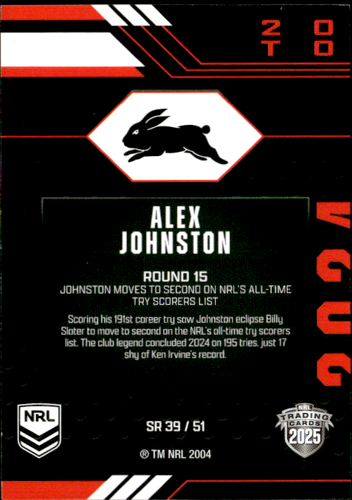 Alex Johnston Rabbitohs Season To Remember 2025 NRL Traders Trading Card SR 39/51